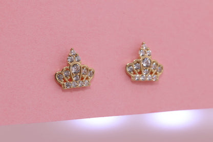 14K Gold CZ Princess Crown Earrings A