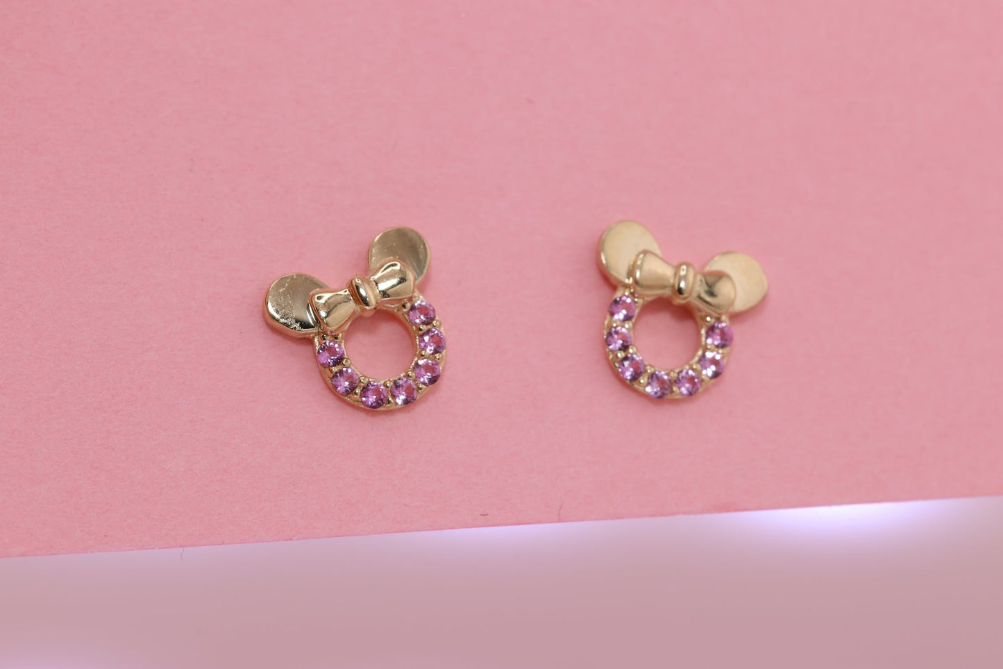 14K Gold White/Pink CZ Mouse Earrings