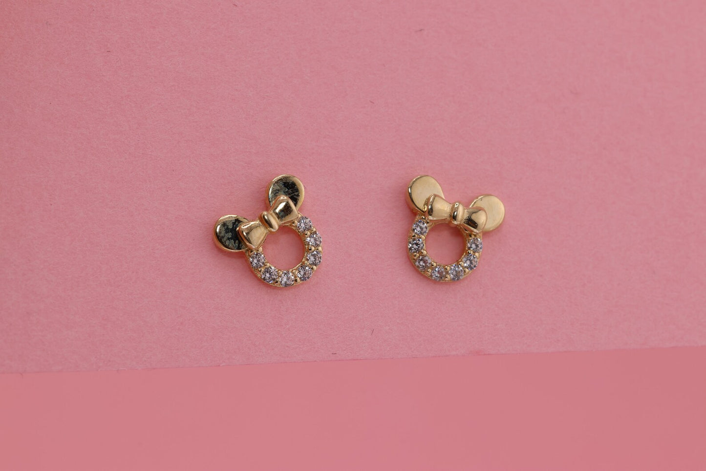 14K Gold White/Pink CZ Mouse Earrings