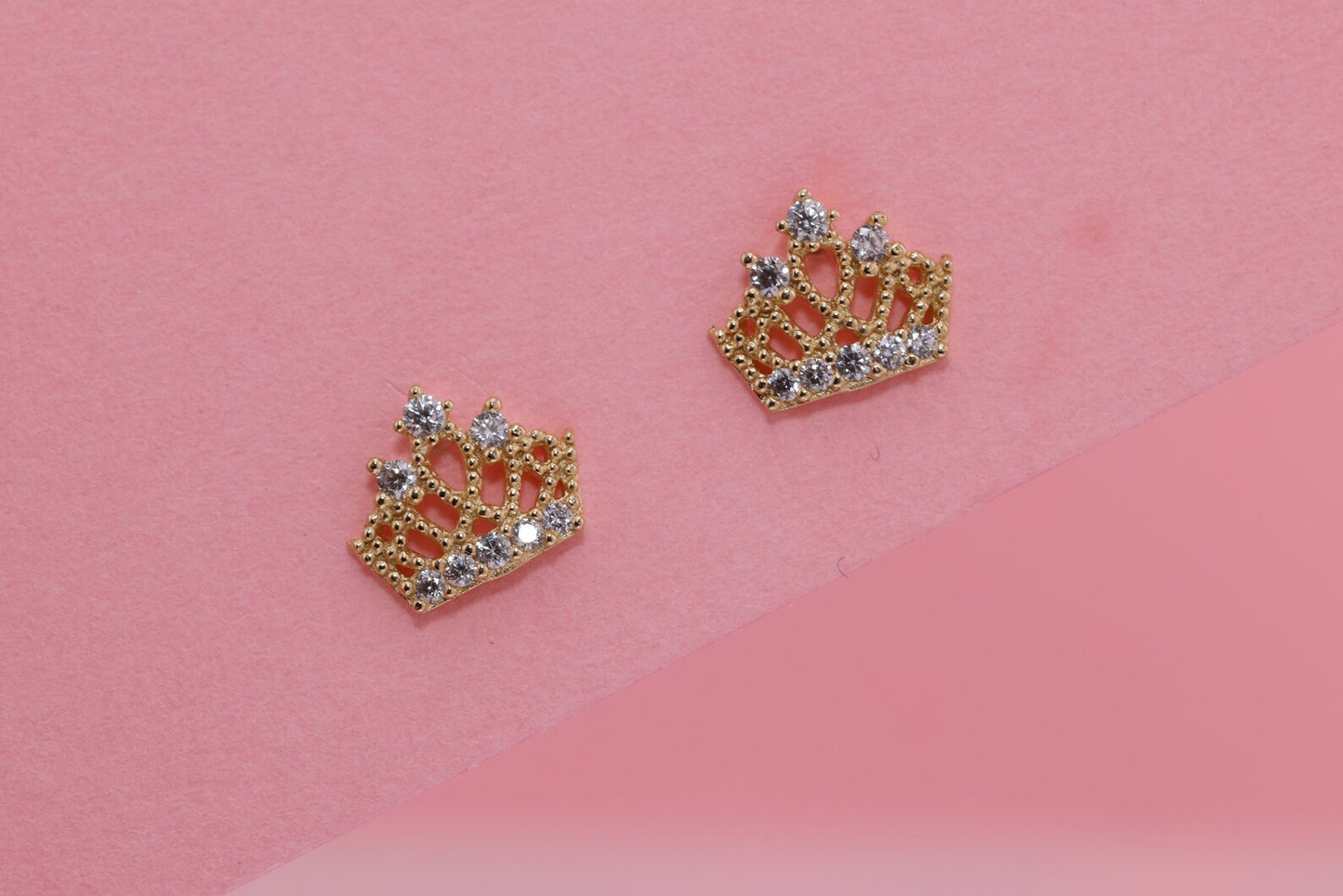 14K Gold CZ Princess Crown Earrings B