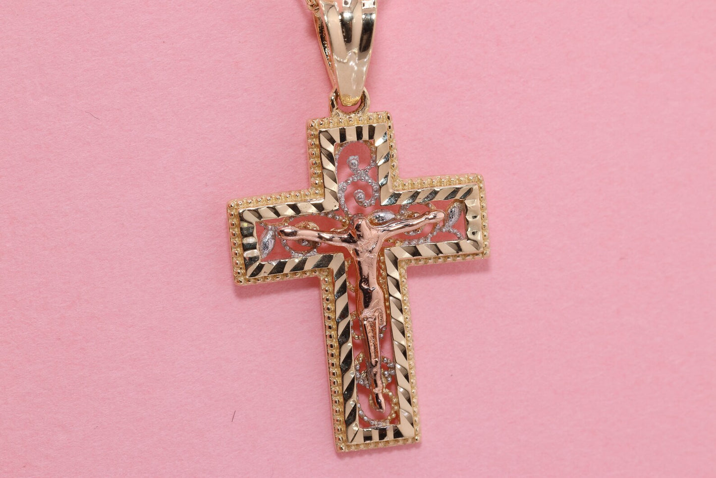 14k Solid Gold Cross Jesus Crucifix Crucifijo Charm Pendant P