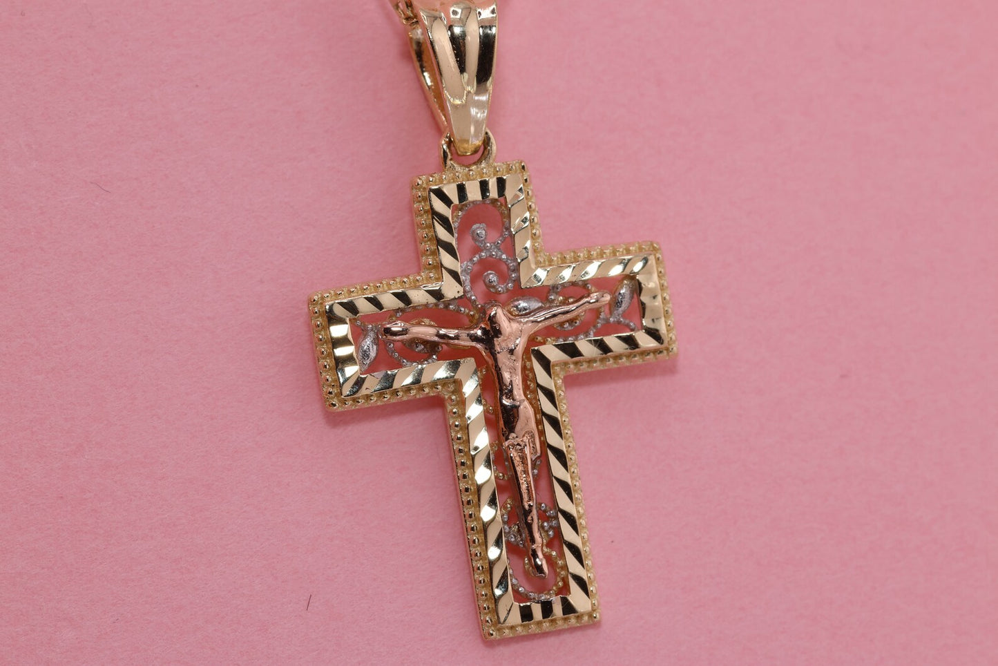 14k Solid Gold Cross Jesus Crucifix Crucifijo Charm Pendant P