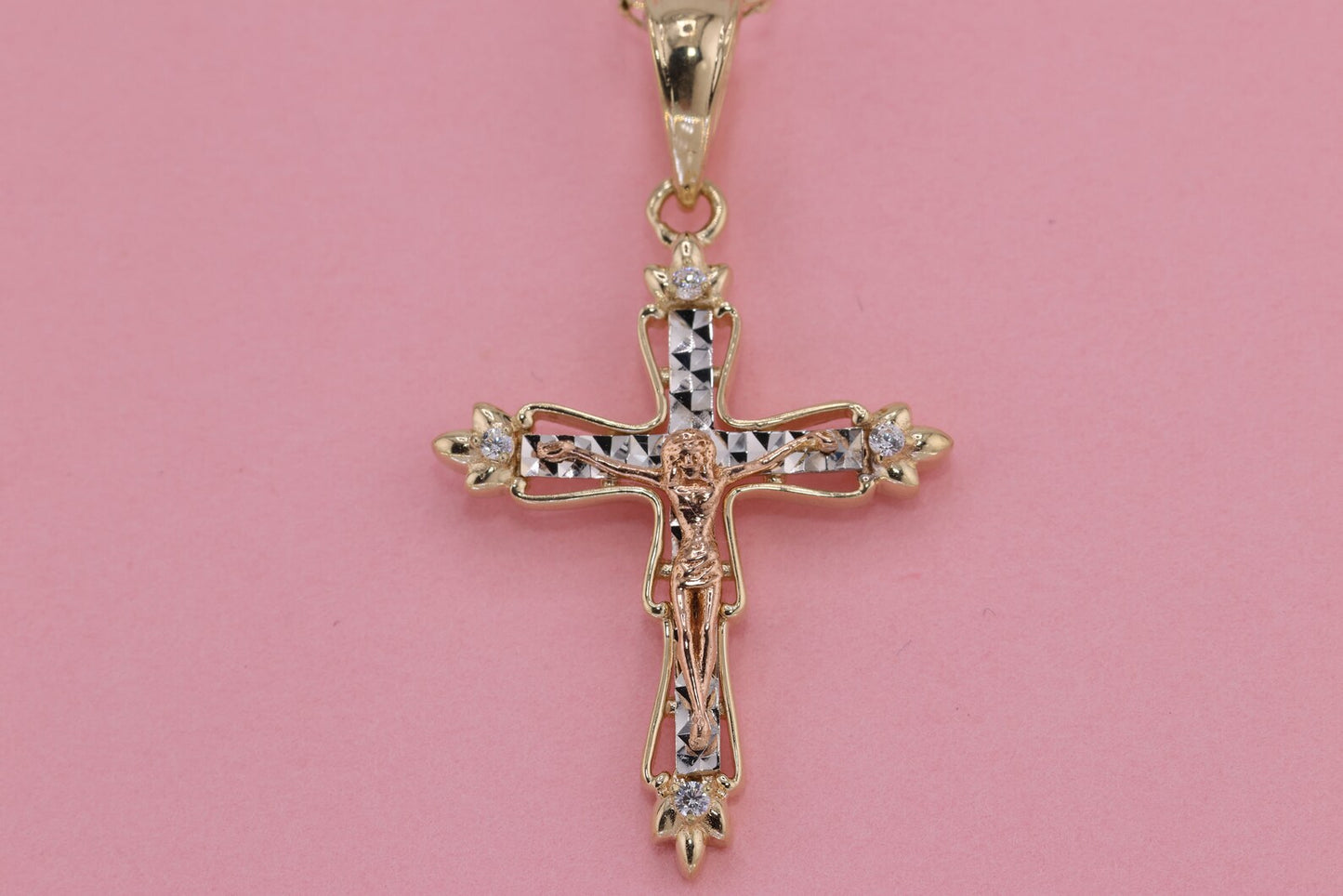 14k Solid Gold Cross Jesus Crucifix Crucifijo Charm Pendant O