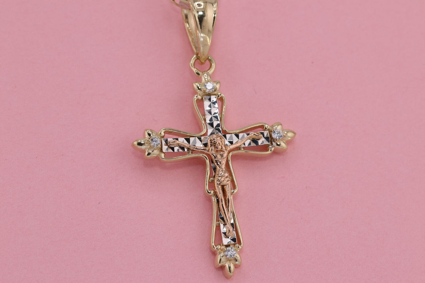 14k Solid Gold Cross Jesus Crucifix Crucifijo Charm Pendant O