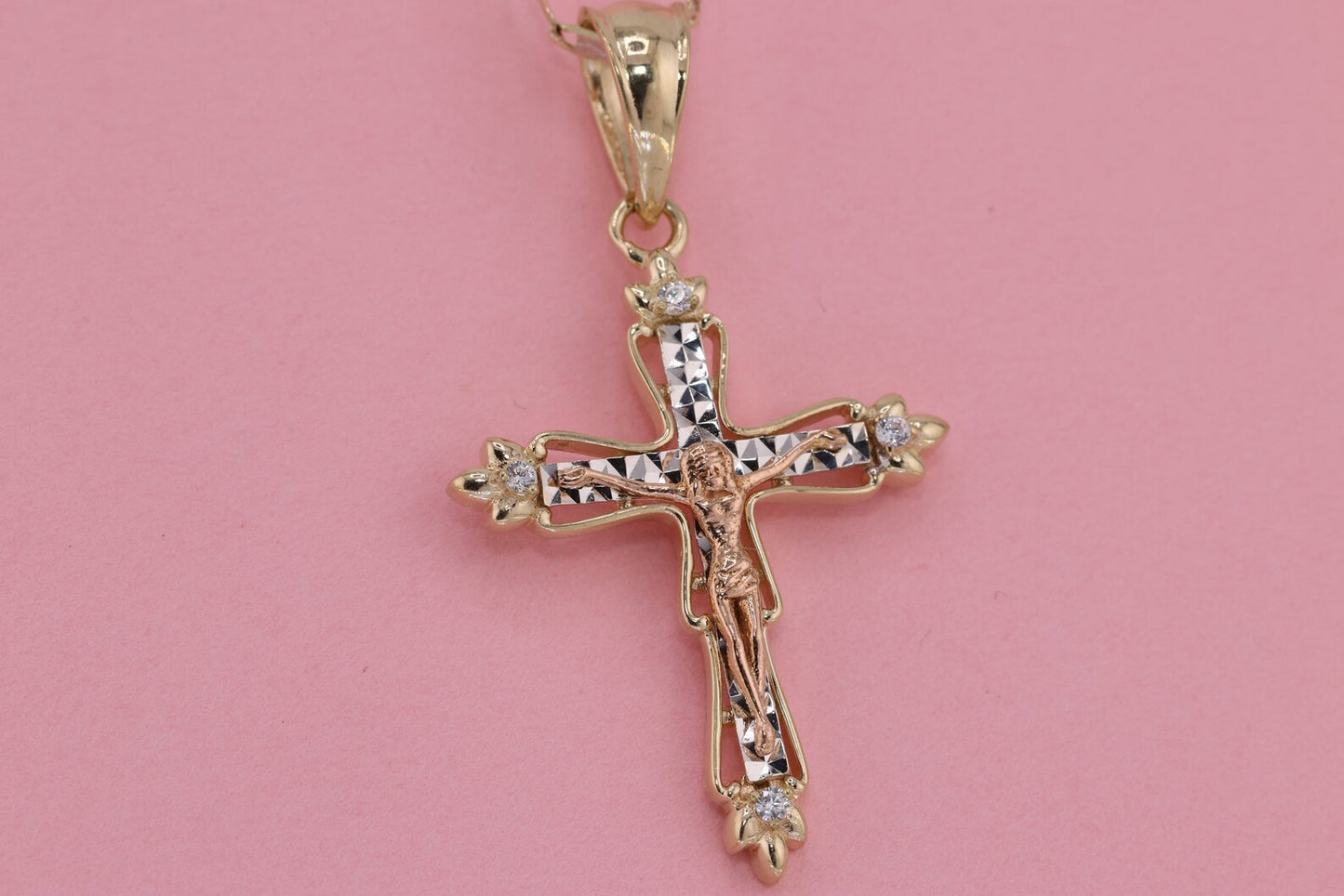 14k Solid Gold Cross Jesus Crucifix Crucifijo Charm Pendant O