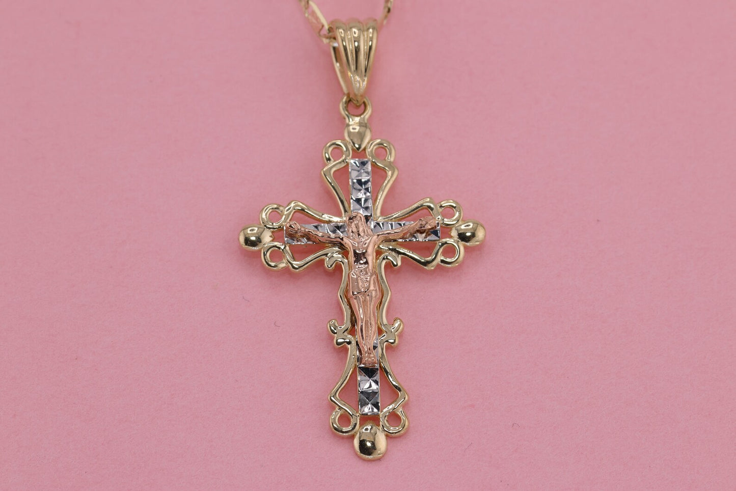 14k Solid Gold Cross Jesus Crucifix Crucifijo Charm Pendant N