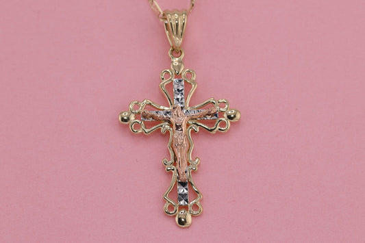 14k Solid Gold Cross Jesus Crucifix Crucifijo Charm Pendant N