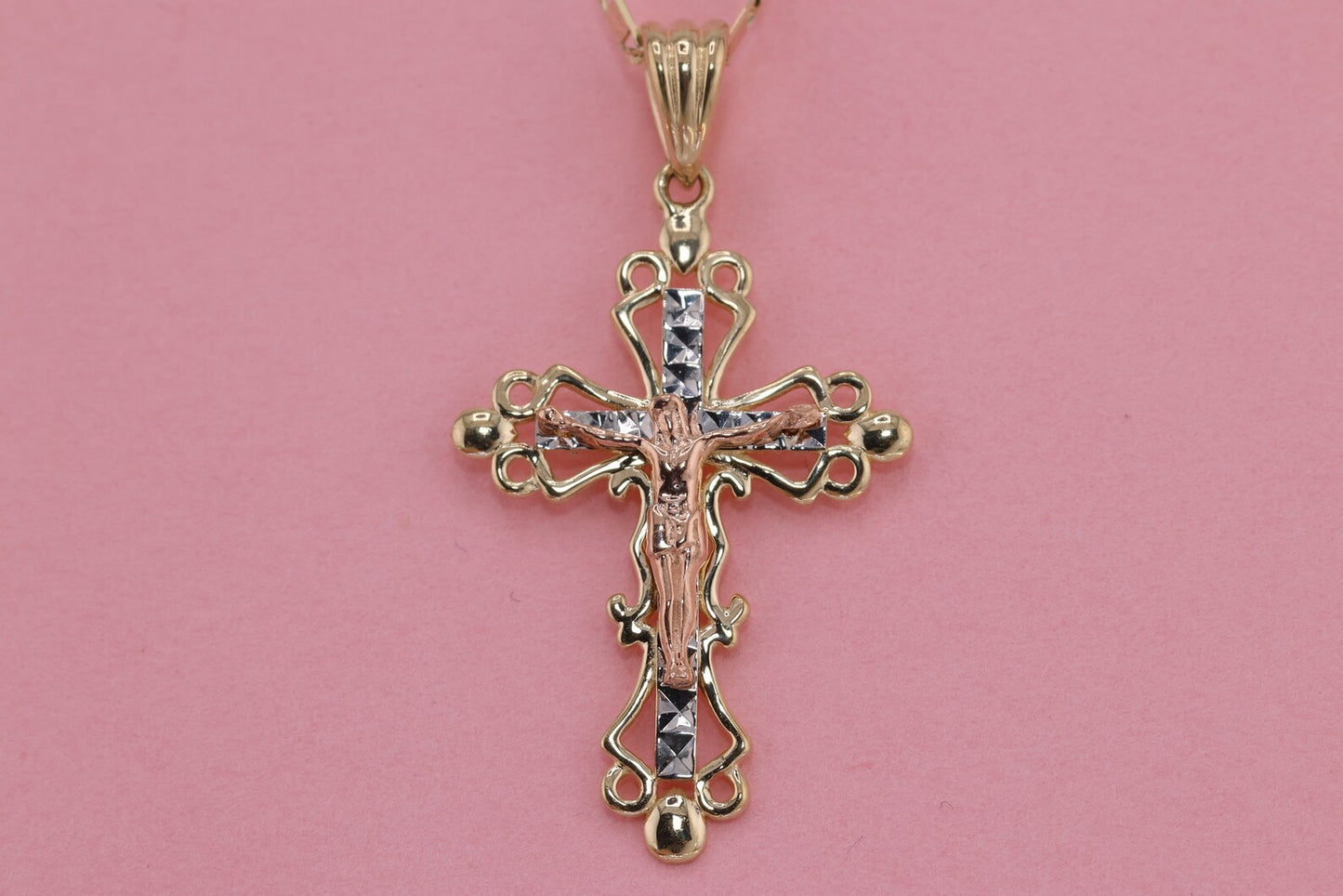 14k Solid Gold Cross Jesus Crucifix Crucifijo Charm Pendant N