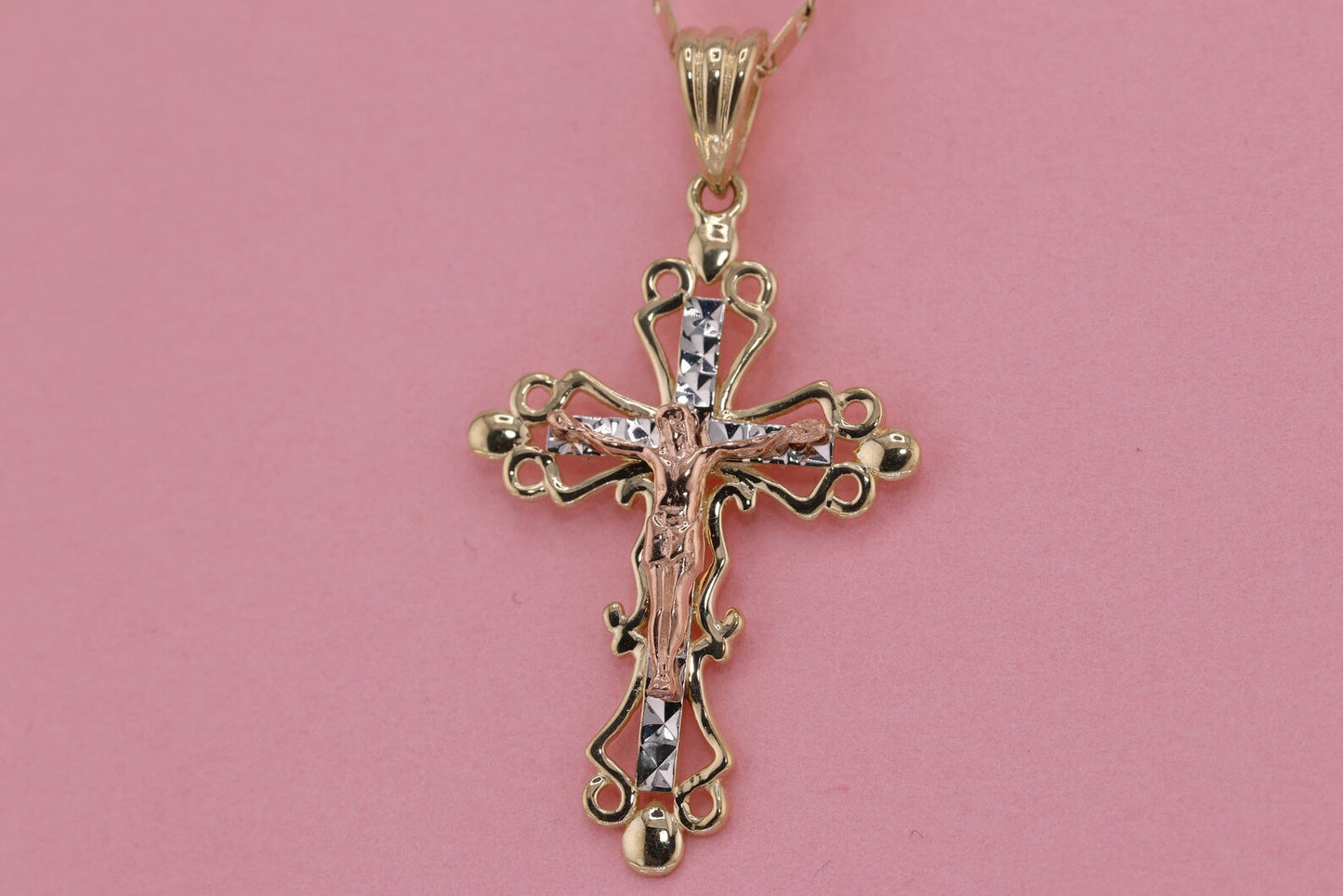 14k Solid Gold Cross Jesus Crucifix Crucifijo Charm Pendant N