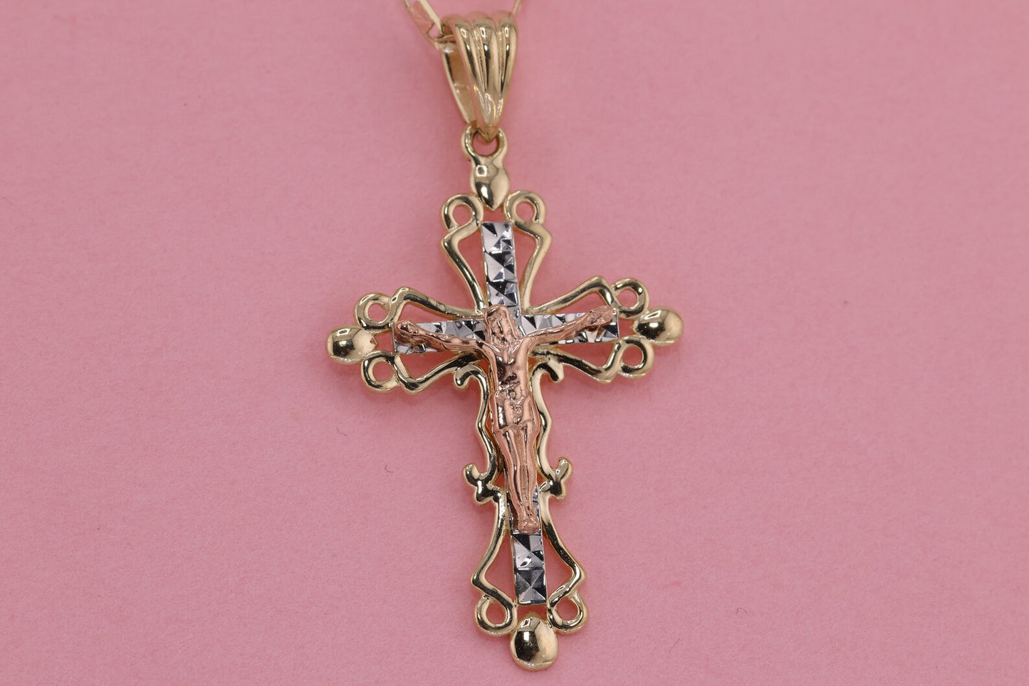 14k Solid Gold Cross Jesus Crucifix Crucifijo Charm Pendant N