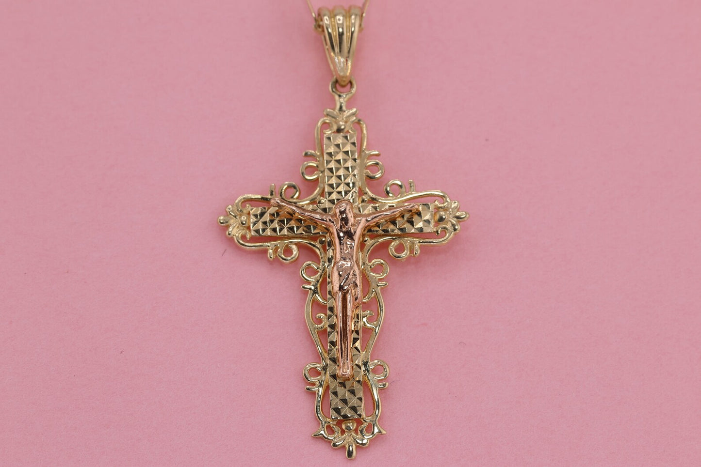 14k Solid Gold Cross Jesus Crucifix Crucifijo Charm Pendant L