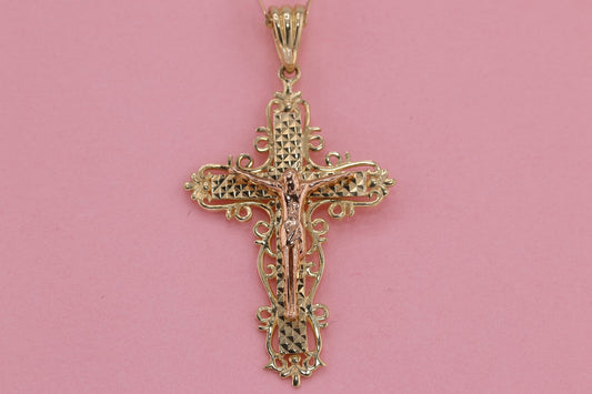 14k Solid Gold Cross Jesus Crucifix Crucifijo Charm Pendant L