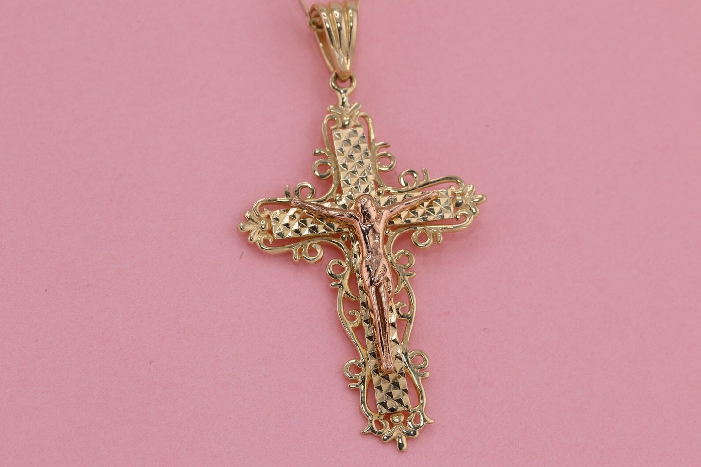 14k Solid Gold Cross Jesus Crucifix Crucifijo Charm Pendant L