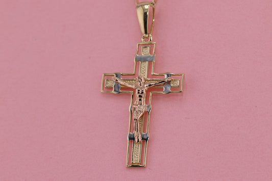 14k Solid Gold Cross Jesus Crucifix Crucifijo Charm Pendant J