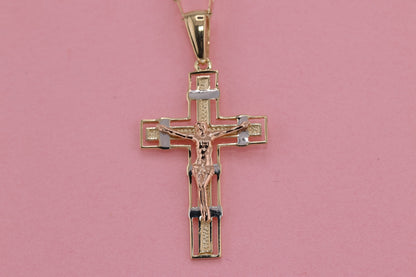 14k Solid Gold Cross Jesus Crucifix Crucifijo Charm Pendant J