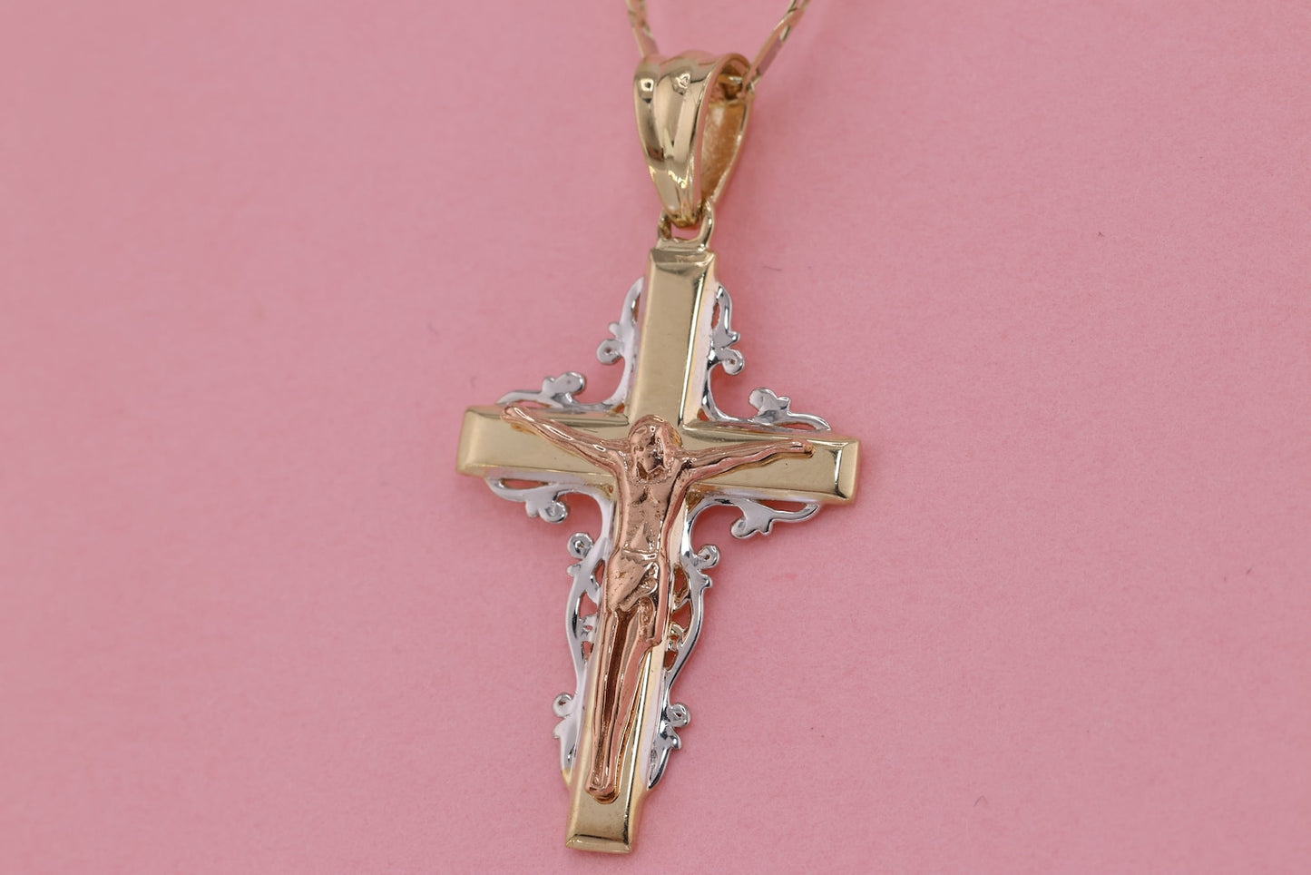 14k Solid Gold Cross Jesus Crucifix Crucifijo Charm Pendant I