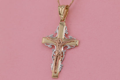 14k Solid Gold Cross Jesus Crucifix Crucifijo Charm Pendant I