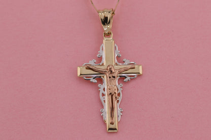 14k Solid Gold Cross Jesus Crucifix Crucifijo Charm Pendant I