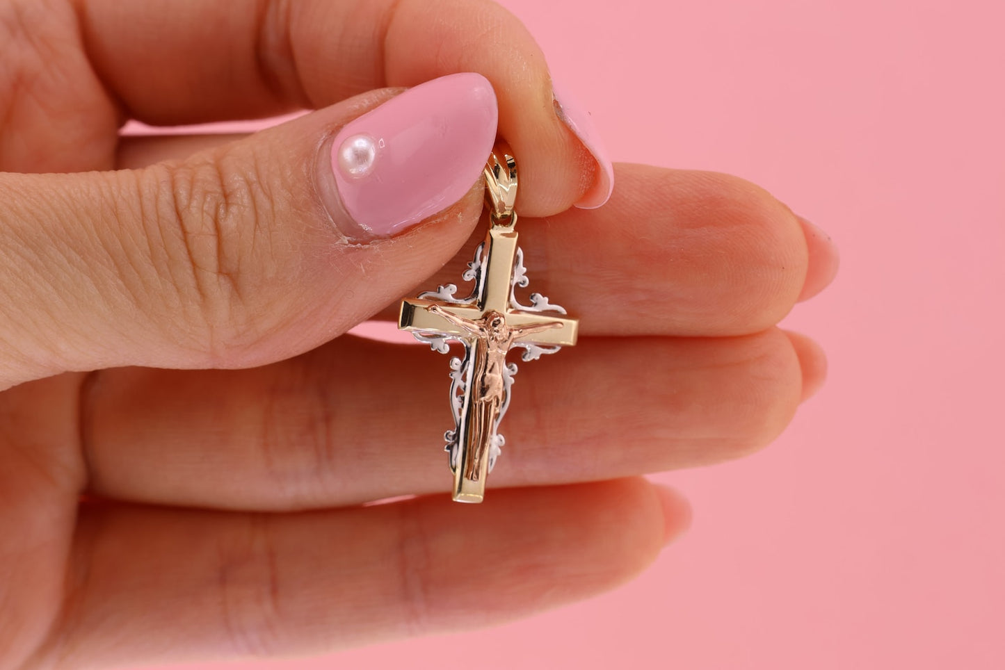 14k Solid Gold Cross Jesus Crucifix Crucifijo Charm Pendant I