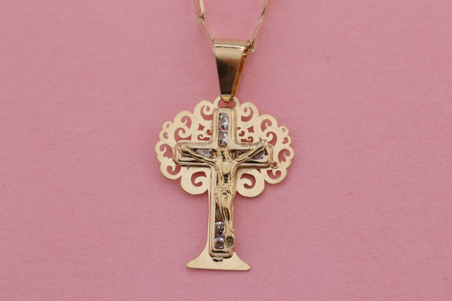 14k Solid Gold Cross Jesus Crucifix Crucifijo Charm Pendant F