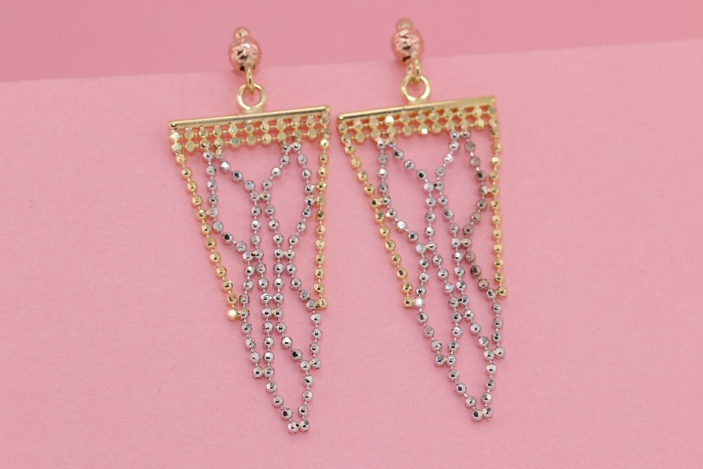 14K Tri Color Glitter Ball Chain Drop Dangle Earrings B