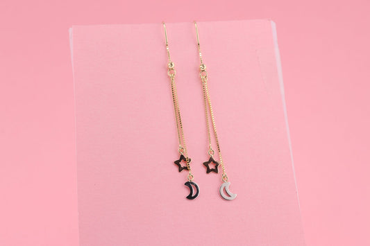 14K Tri Color Moon and Star Drop Dangle Earrings