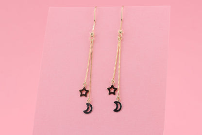 14K Tri Color Moon and Star Drop Dangle Earrings