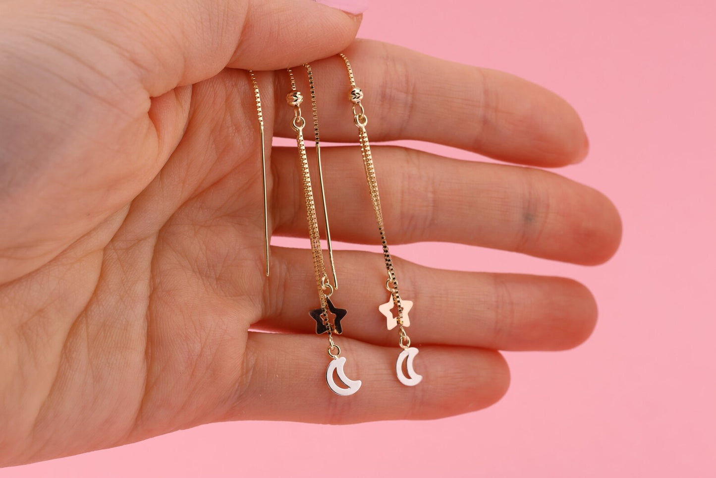 14K Tri Color Moon and Star Drop Dangle Earrings