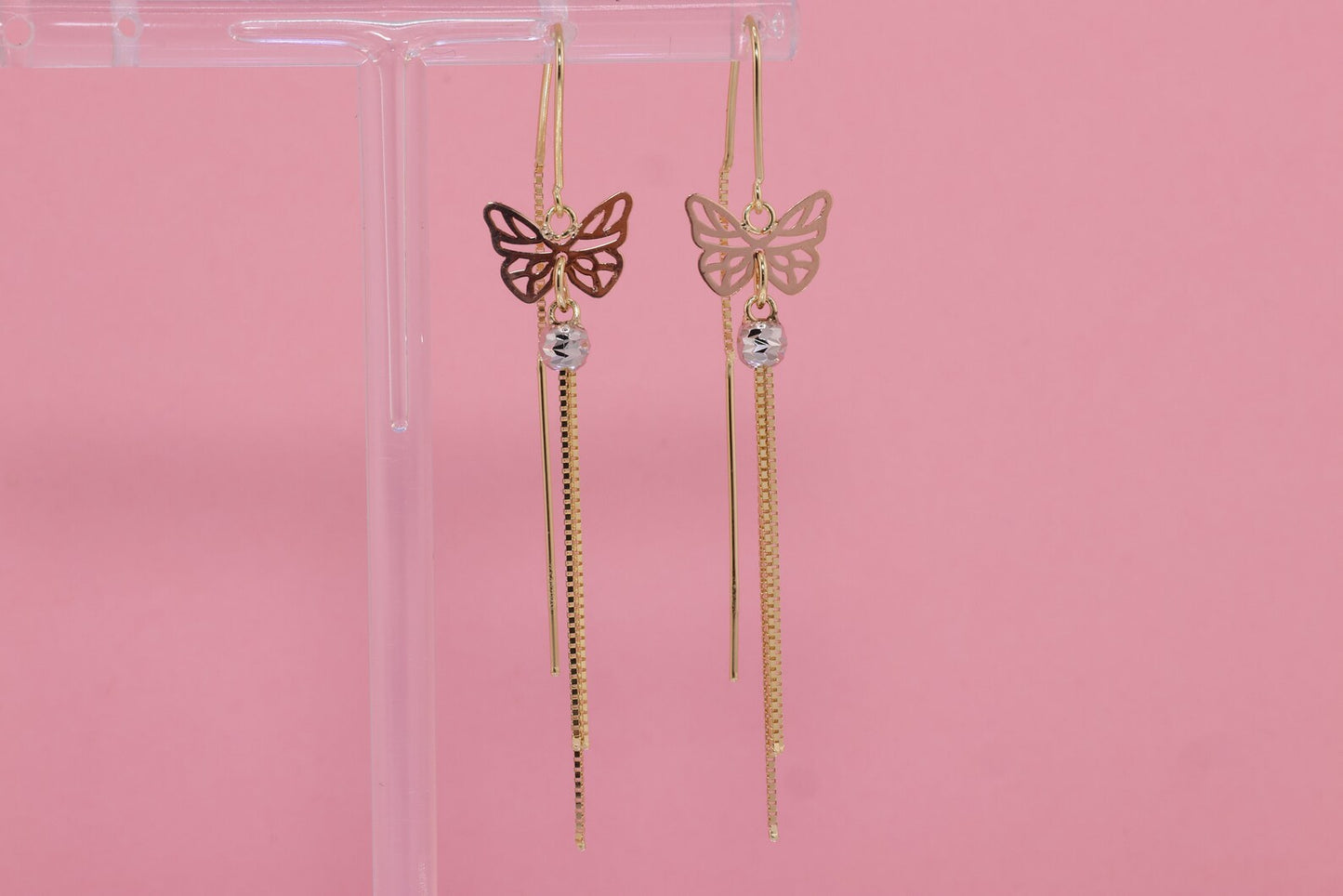 14k Tri Color Glitter Gold Dainty Butterfly Dangle Earrings A