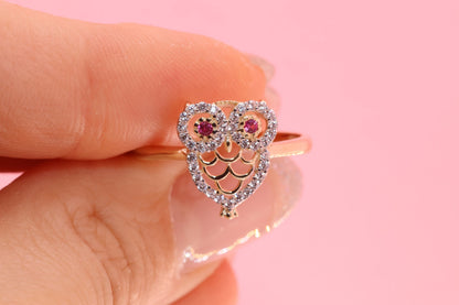 14k Gold Tiny Cute Owl CZ Ring E