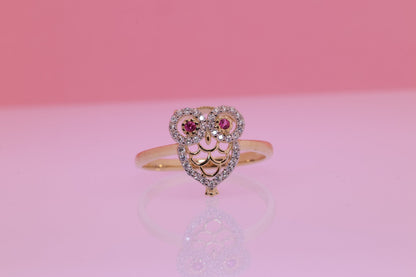 14k Gold Tiny Cute Owl CZ Ring E