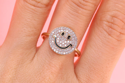 14K Solid Gold CZ Smiley Face Ring