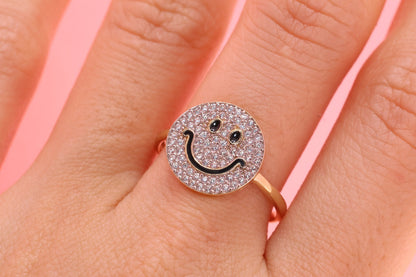 14K Solid Gold CZ Smiley Face Ring