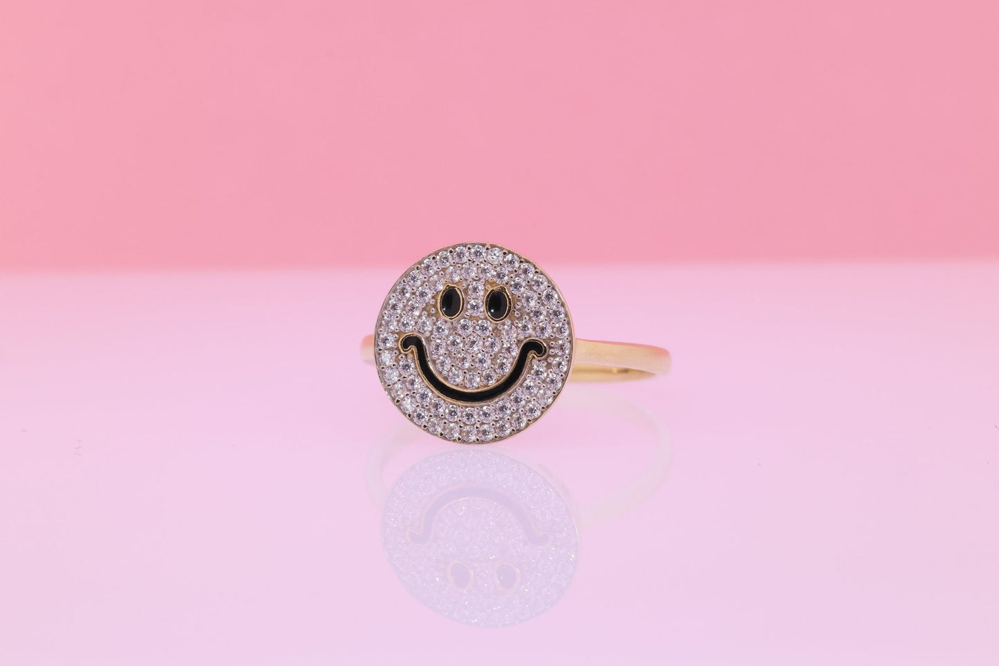 14K Solid Gold CZ Smiley Face Ring