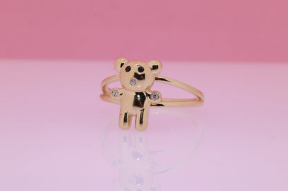 14k Solid Gold Cute Bear Ring