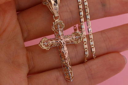 14k Solid Gold Cross Jesus Crucifix Crucifijo Pendant Necklace E