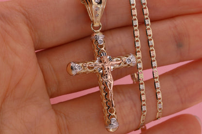 14k Solid Gold Cross Jesus Crucifix Crucifijo Pendant Necklace D