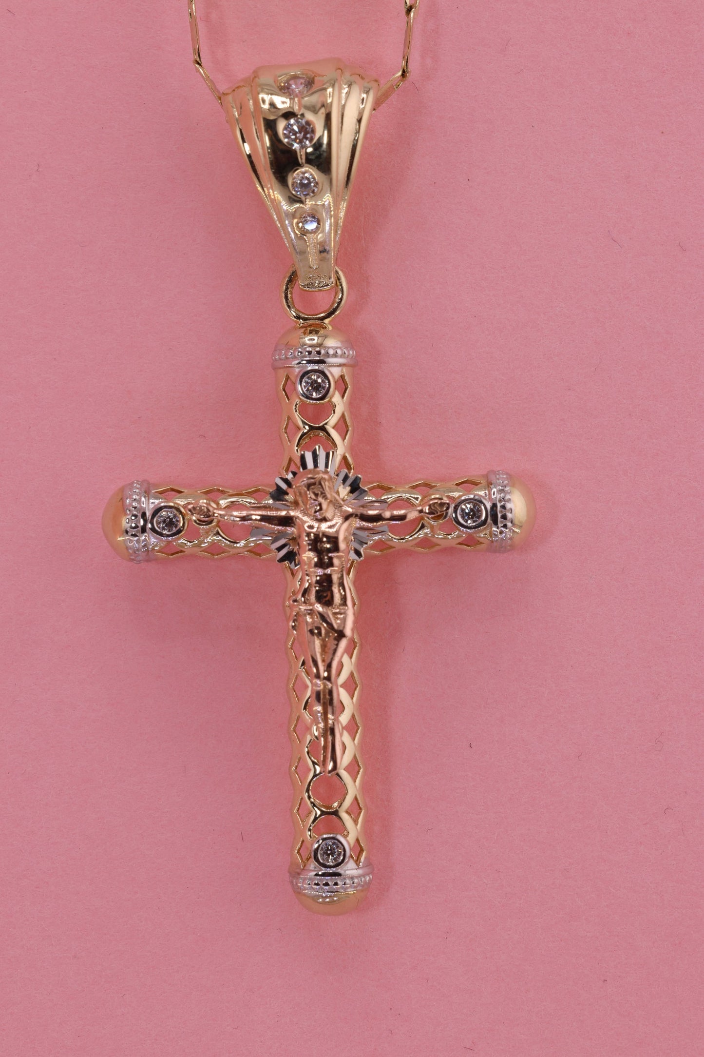 14k Solid Gold Cross Jesus Crucifix Crucifijo Pendant Necklace D