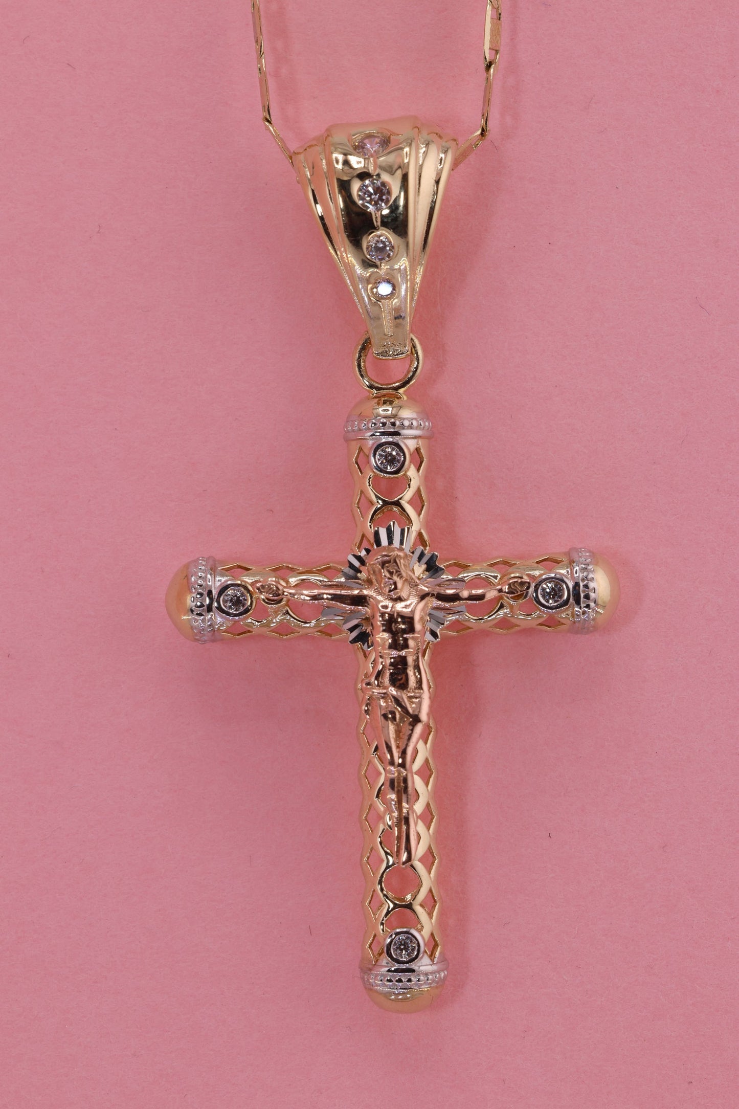 14k Solid Gold Cross Jesus Crucifix Crucifijo Pendant Necklace D