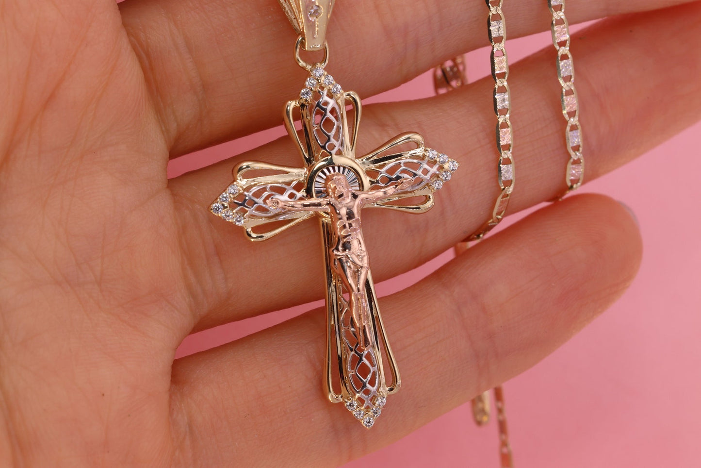 14k Solid Gold Cross Jesus Crucifix Crucifijo Pendant Necklace B