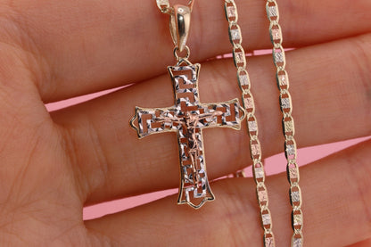 14k Solid Gold Cross Jesus Crucifix Crucifijo Pendant Necklace A