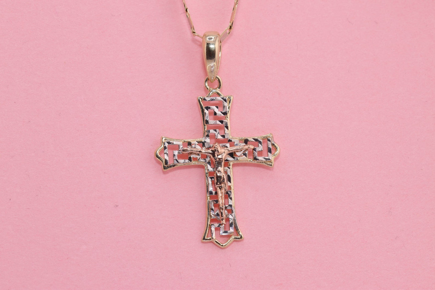 14k Solid Gold Cross Jesus Crucifix Crucifijo Pendant Necklace A