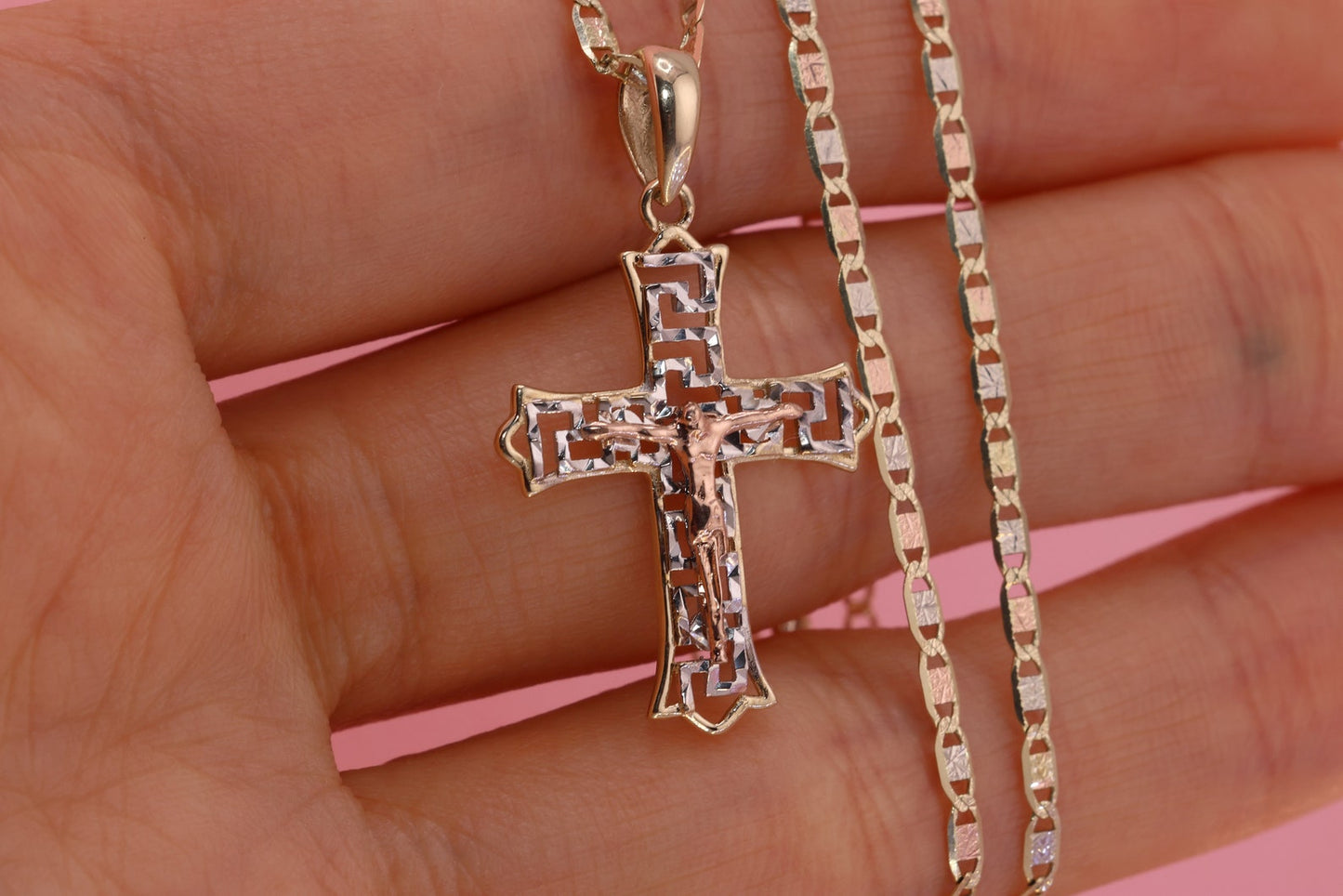 14k Solid Gold Cross Jesus Crucifix Crucifijo Pendant Necklace A