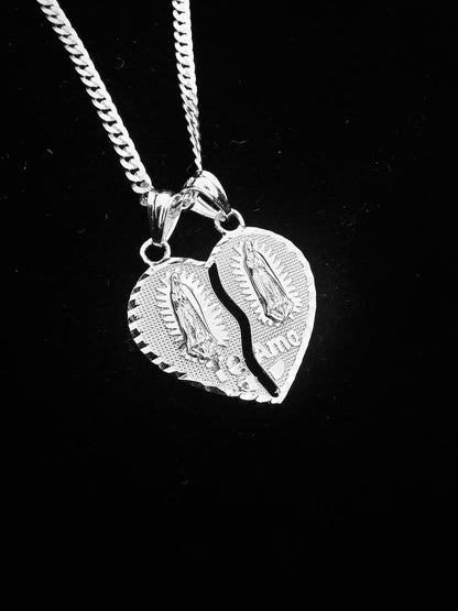 SOLID Genuine 925 Sterling Silver Guadalupe Heart Split Pendant