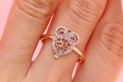 14k Gold Tiny Cute Owl CZ Ring E