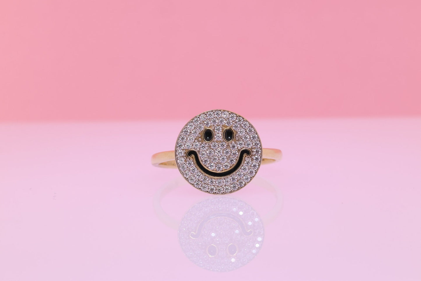 14K Solid Gold CZ Smiley Face Ring