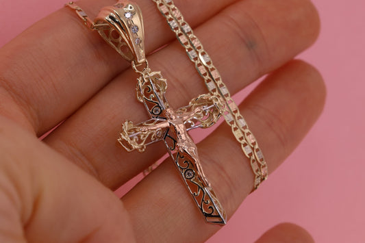 14k Solid Gold Cross Jesus Crucifix Crucifijo Pendant Necklace E