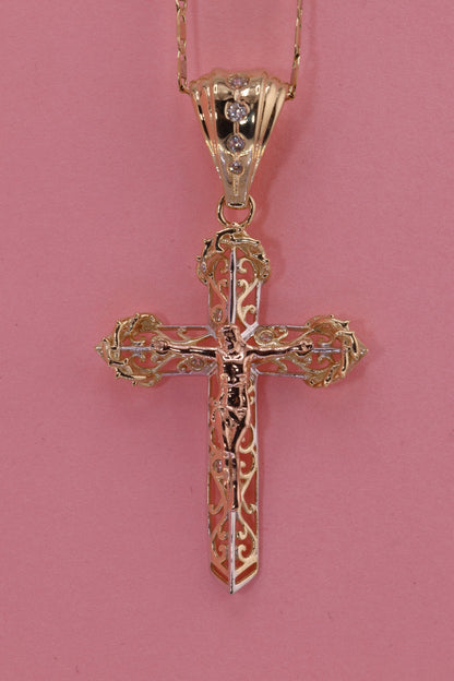 14k Solid Gold Cross Jesus Crucifix Crucifijo Pendant Necklace E