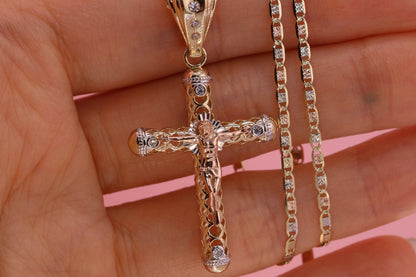 14k Solid Gold Cross Jesus Crucifix Crucifijo Pendant Necklace D