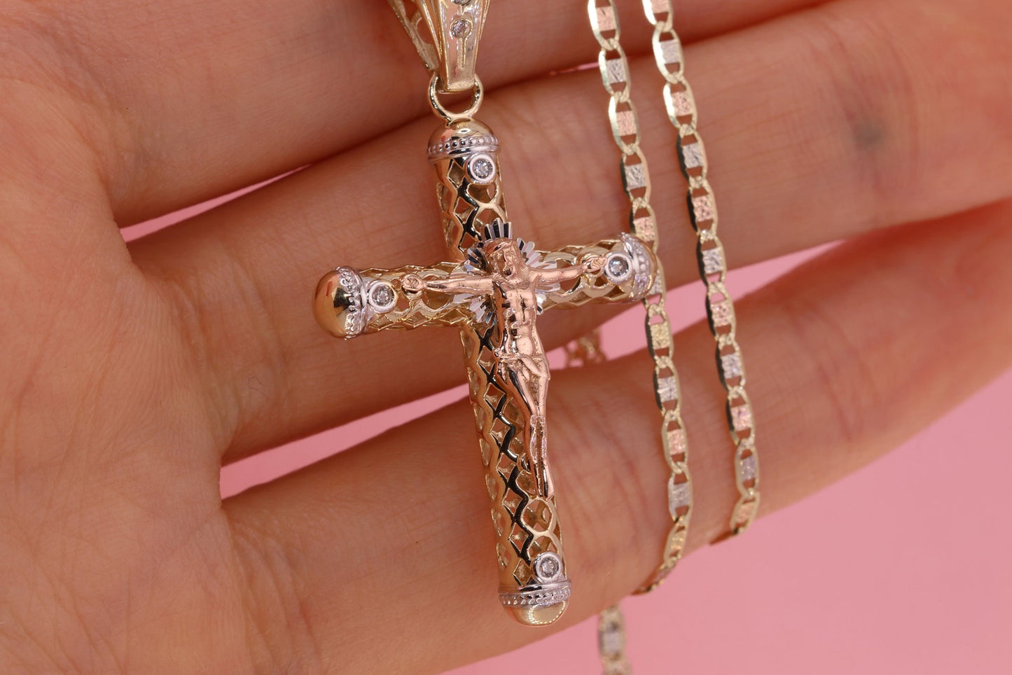 14k Solid Gold Cross Jesus Crucifix Crucifijo Pendant Necklace D